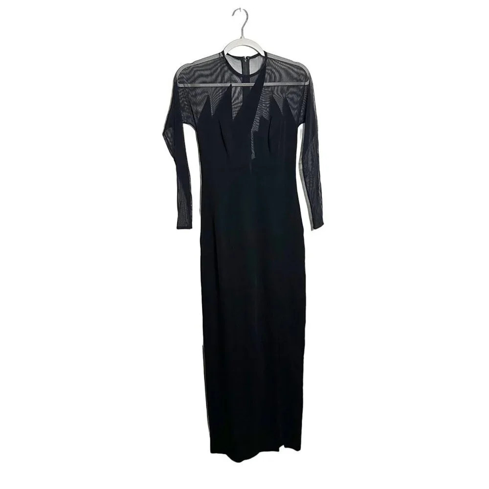 Tadashi Shoji Vintage Maxi Dress Illusion Mesh Long Sleeve Black 90's Size XS